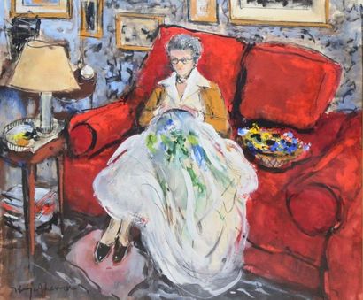 THEVENET Jacques, 1891-1989 Marie Claudel au canapé rouge Gouache, signée en bas...