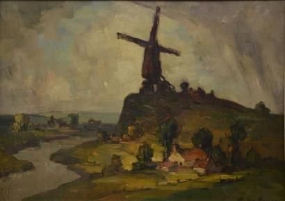 VAN DOOREN Edmond, 1896-1965 Rivière et moulin Huile sur toile (craquelures et petits...
