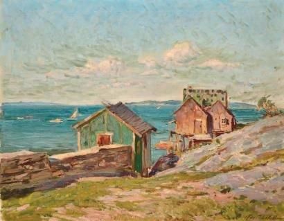 WESTCHILOFF Konstantin, 1877-1945 Cabanes au bord de mer Huile sur toile (craquelures),...