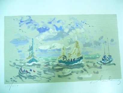 HAMBOURG André (1909-1999) Les bateaux de pêche, lithographie, signée en bas à droite,...