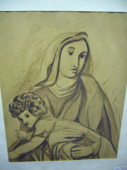 ESNO D Vierge à l'enfant, lavis d'encre brune, signé en bas à gauche. 46x36cm. (inv....