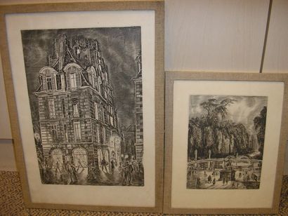 Ecole Moderne les tuileries et rue animmée à Paris, deux gravures, non signées, 42...