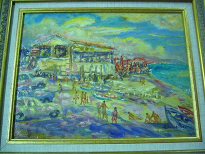 SOURDILLON Berthe 1895-1976 Bord de plage,1960, huile sur carton marouflé sur toile,...