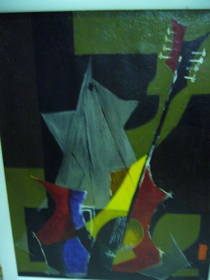 Ecole Moderne Nature morte à la guitare, huile sur toile, non signée, 65 x 50 cm...