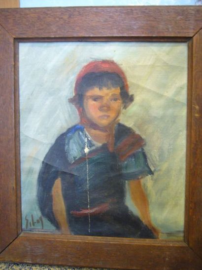 Ecole Moderne Portrait d'enfant, huile sur toile doublée d'un carton, porte une siganture...