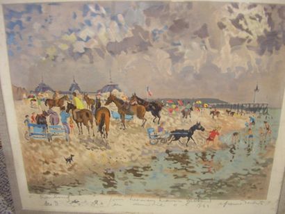 HAMBOURG André (1909-1999) Trouville plage animée, lithographie, signée en bas à...