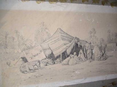 BUCHOR Joseph Félix, 1853- 1937 Biskra, campement en moyen orient, encre sur fond...