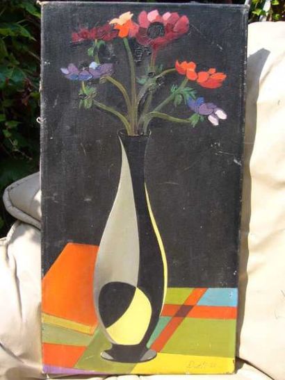 DUTLI Vase d'anemones, huile sur toile, signé et daté 57 en bas à droite, 50 x 27...