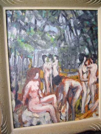 Ecole Moderne Nus féminins dans un paysage, huile sur carton, non signé, 30 x 24...