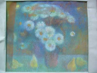 Ecole Moderne Bouquet et poires, pastel, signature illisible en bas à droite, déchirures,...