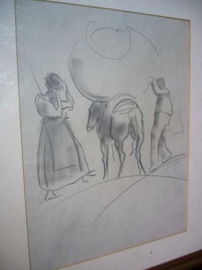 Ecole Moderne Paysans et leur âne, dessin à la mine de plomb, trace de signature...