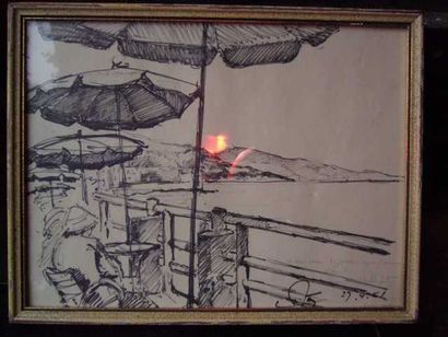 Ecole Moderne Parasol au bord de mer, dessin au feutre 27.4.61 , signature illisible...