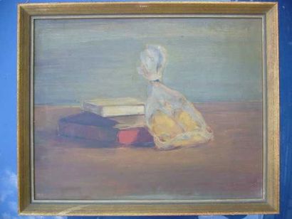 Ecole Moderne Nature morte au livre, huile sur panneau, non signé, 14 x 29 cm.