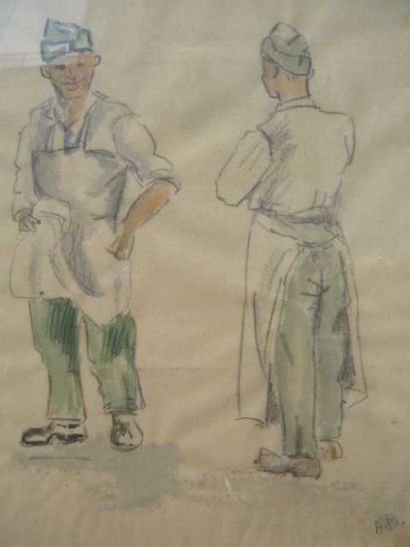 Ecole Moderne Le cuisinier, mine de plomb et aquarelle, en bas à droite: ab, 19 x...