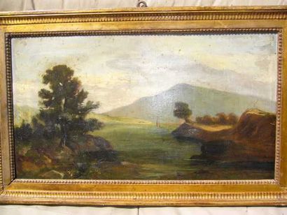 Ecole XIX ème Paysage au fleuve, huile sur toile, non signé, 37 x 62 cm.