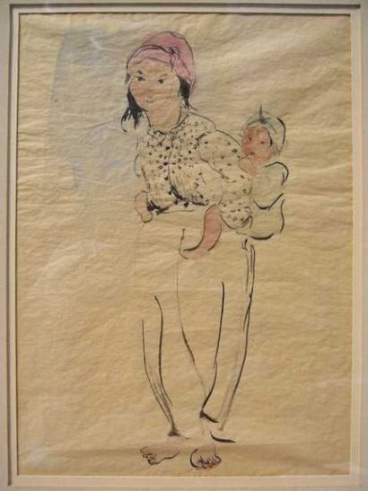 LAVERDE attribué à Mère et enfant, encre et aquarelle, non signée, 26 x 19 cm.