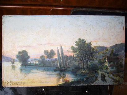 MUSTER CH. Bord de lac, huile sur carton, signé en bas à gauche et datée 1897, 29...