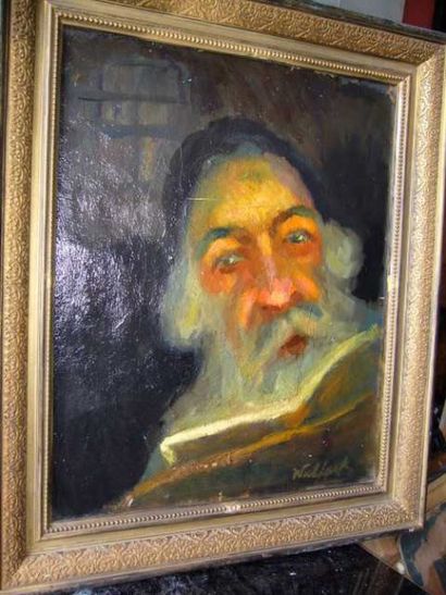 WULFORT Le rabin, huile sur toile, signée en bas à droite, manques, 46 x 38 cm.
