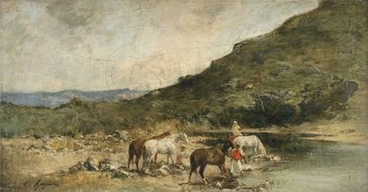 Victor Pierre HUGUET Orientaux faisant boire leurs chevaux Huile sur toile (traces...