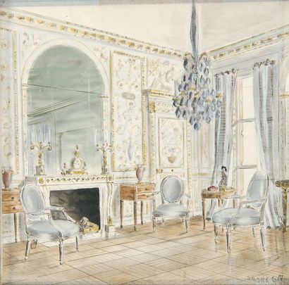 Walter GAY Salon Louis XVI Aquarelle, signée en bas à droite, 19x19cm.