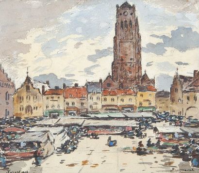 Louis BRAQUAVAL La place du marché à Furnes, 1913 Aquarelle, signée en bas à droite,...