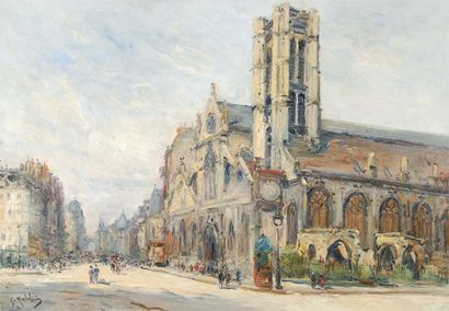 Gustave MADELAIN Église Huile sur toile (restaurations), signée en bas à gauche,...