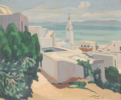 Marius de BUZON Les toits blancs, Tunisie, 1927 Huile sur toile (petit accident),...