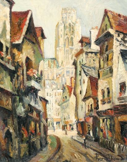 Pierre DUMONT Vieille rue de Rouen avec la cathédrale Huile sur toile, signée en...