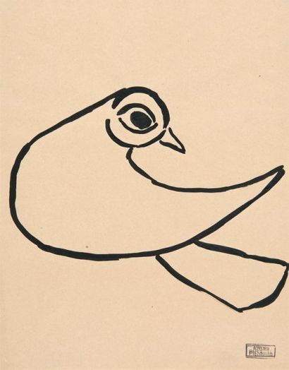 Francis PICABIA Oiseau Gouache noire sur papier beige, cachet de l'atelier en bas...