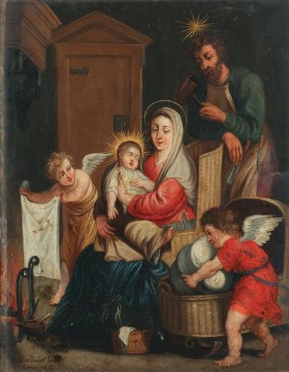 QUELLIN Erasmus II (École de) (Anvers 1607 - id.; 1678) La Sainte famille se réchauffant...