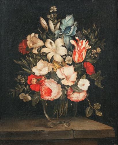 École HOLLANDAISE (Genre du XVIIe siècle) Vase de fleurs sur un entablement de pierre...