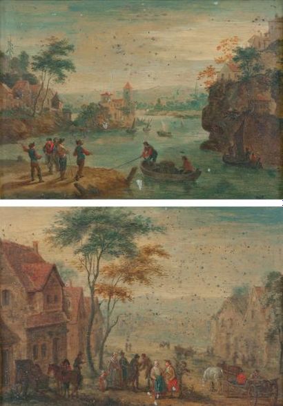 BREDAEL Joseph van (Suite de) (1688 - 1739) 1- Paysage à la rivière avec des villageois...