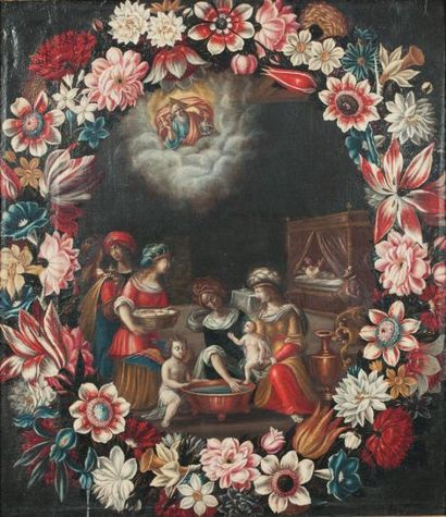École ESPAGNOLE - Seconde Moitié du XVIIe siècle Guirlande de fleurs avec au centre...