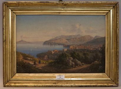 Ecole Italienne du XIXe siècle Vue de la baie de Naples avec le Vésuve fumant Huile...