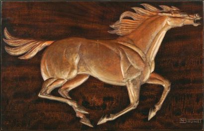 N BRUNET Panneau rectangulaire en bois vernissé et doré à motif de cheval au gallot...