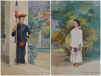 Gaston ROULLET Servante, Hanoï 1885 - Garde, Hanoï 1885 Deux aquarelles formant pendants,...