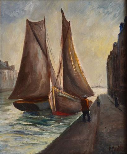 Fred PAILHES Voiliers au port Huile sur toile, signée en bas à droite. 46 x 38 c...