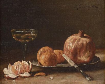 François BONVIN Oranges et verre de vin blanc, 1883 Huile sur toile, signée et datée...
