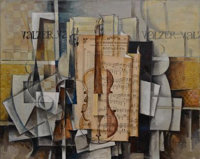 Aram KOUPETSIAN Composition aux violons Technique mixte et collage sur toile, signée...