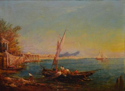 BACHMANN Pêcheurs en baie de Naples Huile sur toile (craquelures et accidents), signée...