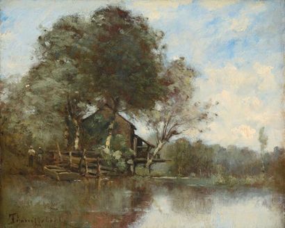 Paul Désiré TROUILLEBERT Maison et pêcheurs en bord de rivière Huile sur toile (très...