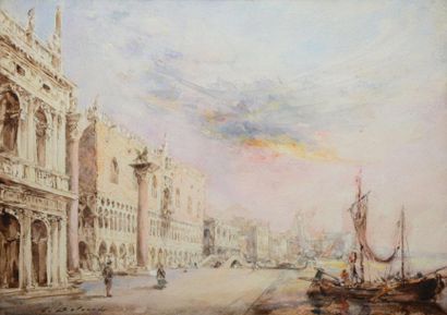 François Léon DULUARD Venise, quai devant le palais des Doges Aquarelle, signée en...