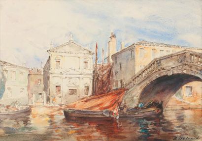 François Léon DULUARD Embarcations à quai sur un canal à Venise Aquarelle, signée...