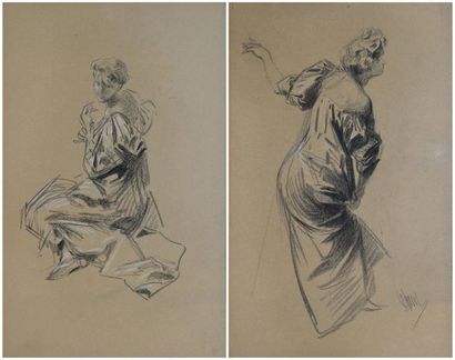 Jules Chéret Femme remontant sa robe - Femme assise Deux dessins au crayon noir et...