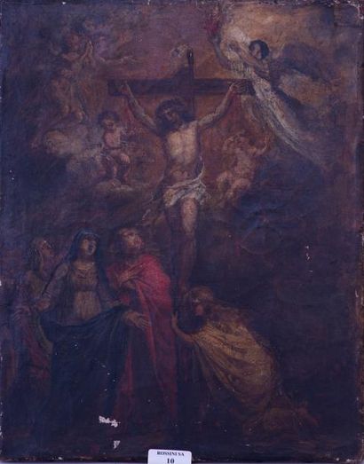 École Flamande du XVIIe siècle La Crucifixion Huile sur toile. Ancien châssis à écharpe....