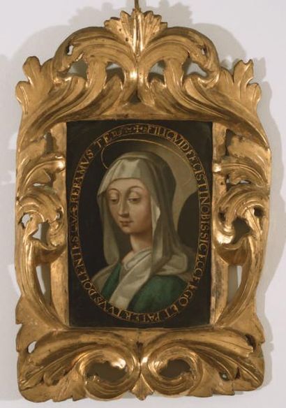 École Française du XVIIe siècle La Vierge en buste Légendé en latin les lettres dorées...