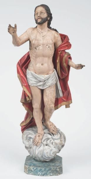 null Grand Christ ressuscité en bois sculpté en ronde-bosse et polychromé, yeux en...