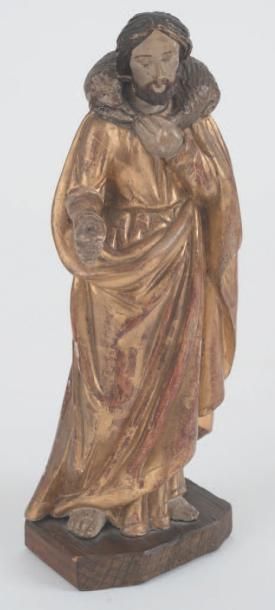 null Jésus Bon pasteur en bois sculpté, polychromé et doré. Debout, portant un agneau...
