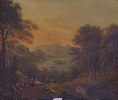 École française ou Suisse du XIXe siècle Paysage boisé au lac au pied des montagnes...