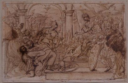 Ecole italienne du XVIIe siècle La rencontre de David et Abigaïl Plume, encre brune...